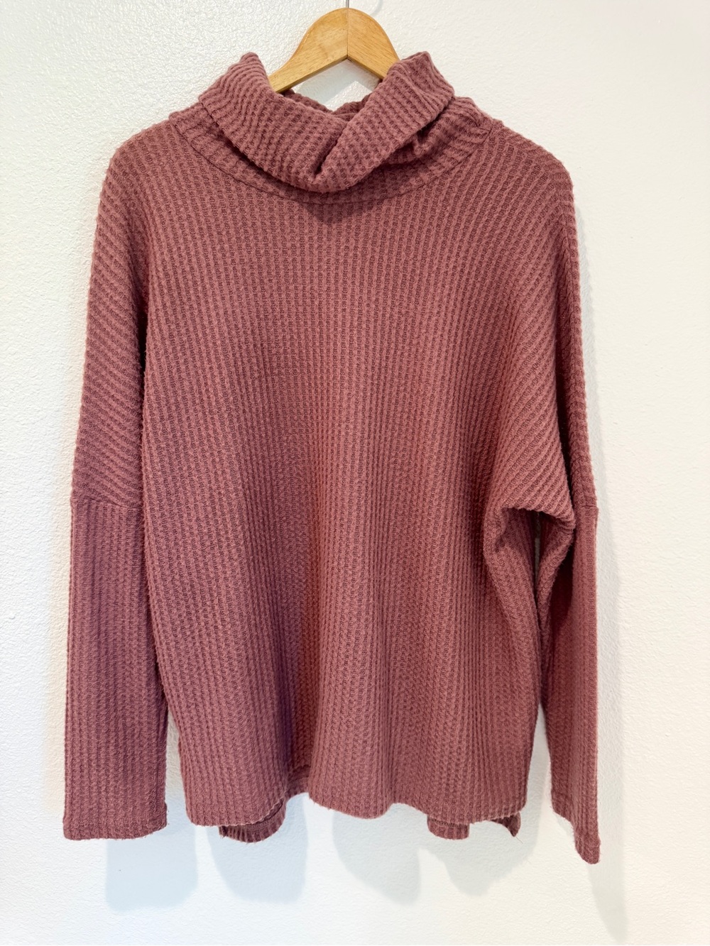 Waffle Knit Cowl Neck Drop Shoulder Sweater Soft Mauve Dusty Rose Oversized M